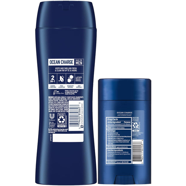 Suave+ Men’s 2-in-1 Shampoo and Conditioner, Ocean Charge + Antiperspirant Deodorant for Men, Ocean Charge, 48H Sweat & Odor Protection (2 Piece Set)