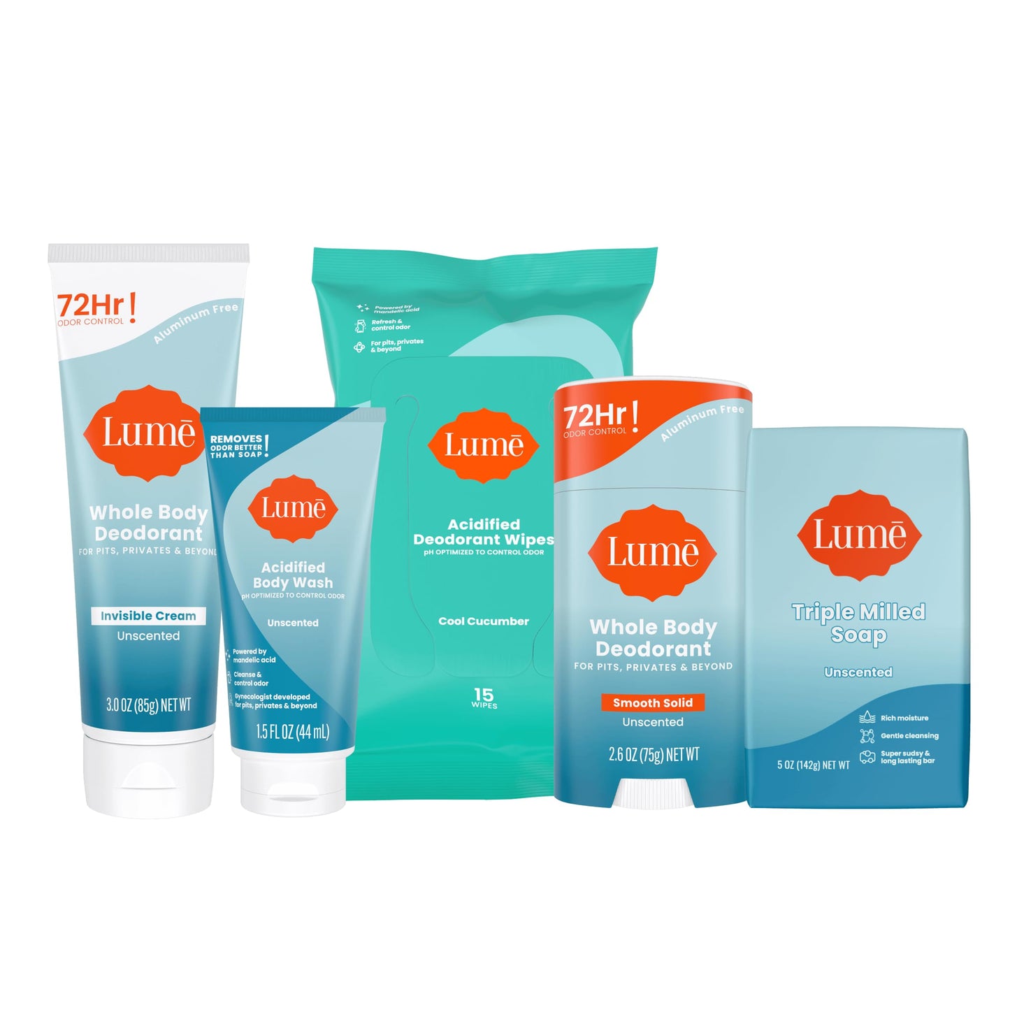 Lume Skin Care Gift Set for Women, Whole Body Deodorant Starter Pack - Smooth Solid Stick, Invisible Cream Tube, Acidified Body Wash Mini & Deodorant Wipes - Aluminum Free Odor Control (Peony Rose)