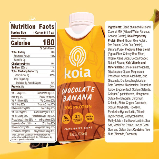 Koia Plant Based Protein Shake, Chocolate Banana, 20g Protein, 5g Sugar, 6g Prebiotic Fiber, 21 Vitamins & Minerals, Meal Replacement Drinks, Dairy-Free, Gluten-Free, Non-GMO, 11 Fl Oz (Pack of 12)