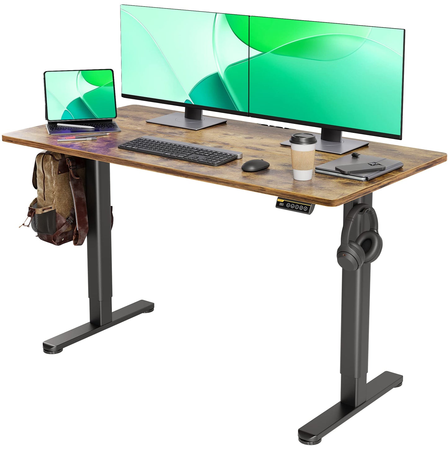 Claiks Electric Standing Desk, Adjustable Height Stand up Desk, 24x48 Inches Sit Stand Home Office Desk with Splice Board, Black Frame/Rustic Brown Top