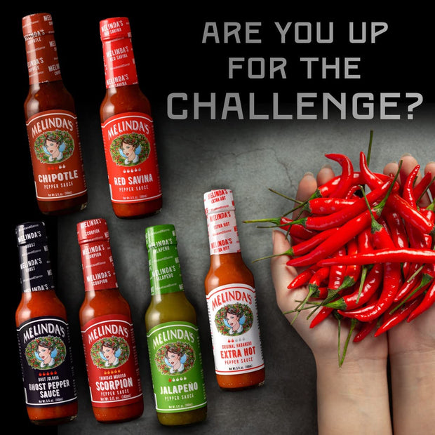 Melinda’s Pepper Sauce Challenge Collection - Extra Spicy Gourmet Hot Sauce Gift Set - Includes Jalapeño, Extra Hot Habanero, Chipotle, Red Savina, Ghost, Scorpion - 5 oz, 6 Pack
