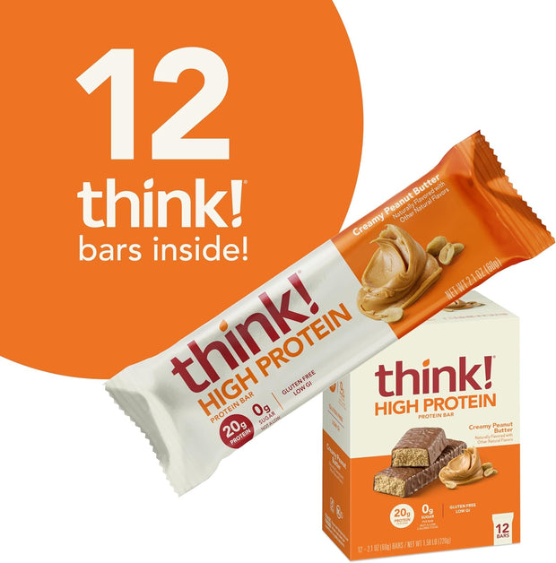 think! Protein Bars, High Protein Snacks, Gluten Free, Kosher Friendly, Creamy Peanut Butter, Nutrition Bars, 2.1 Oz per Bar, 12 Count (Packaging May Vary)