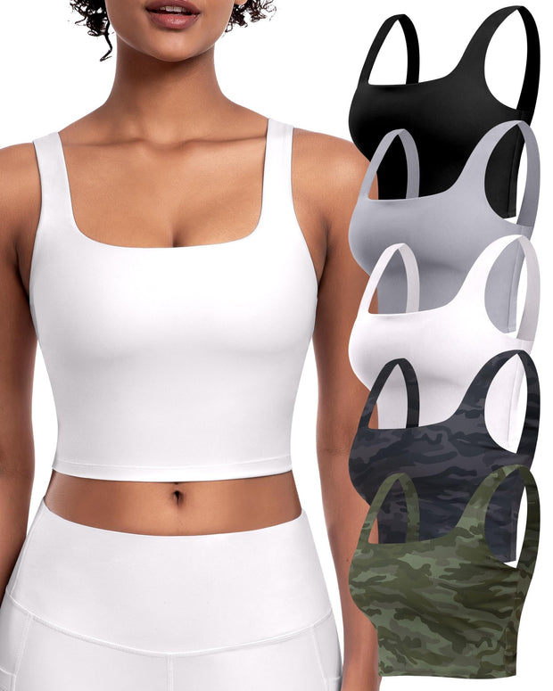 Womens Sports Bras 5 Packs - Square Neck Longline Workout Crop Tank Tops Padded Yoga Camisole with Built in Pads