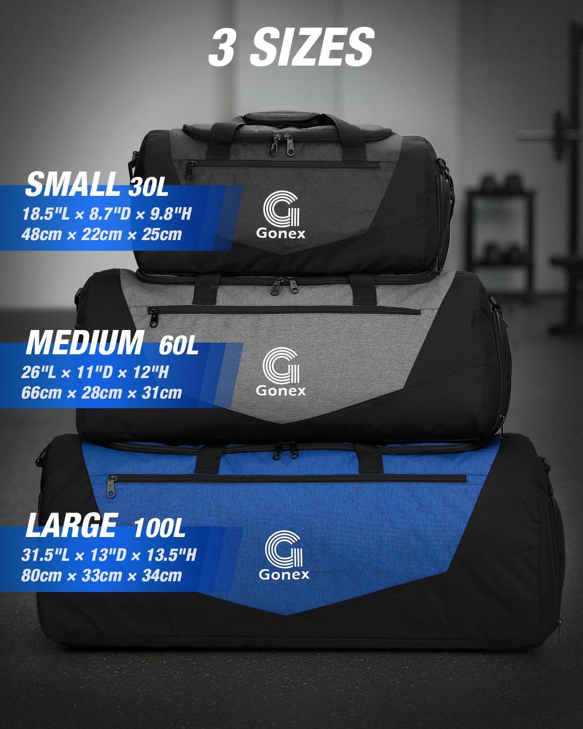 Gonex Gym Duffel Bag with Shoe Compartment Wet Pocket, Large Capacity Sports Duffle Bag for Men Women, Workout & Travel Bag with Multiple Pockets, Black/Gray, Small (30L)
