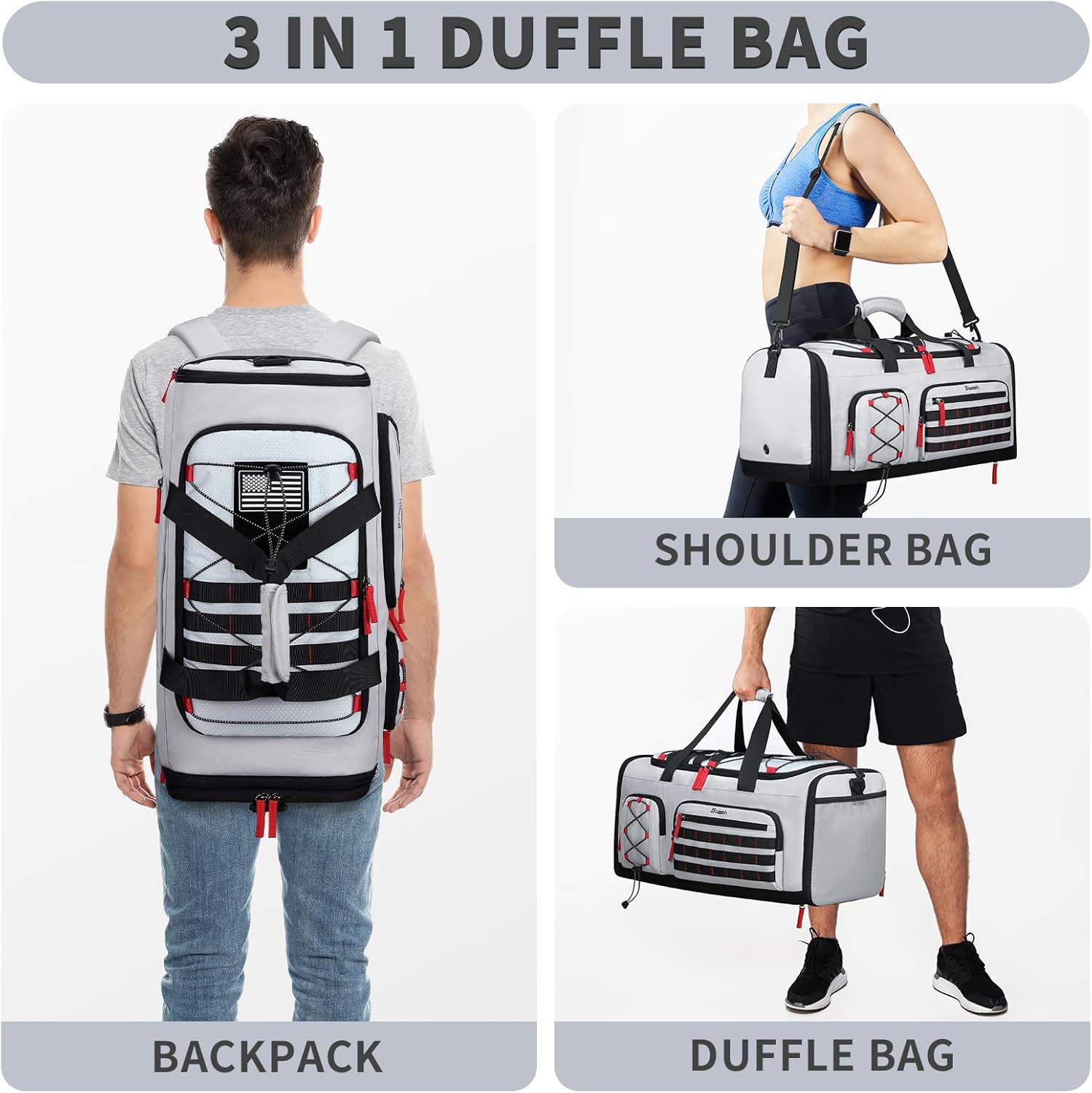 Bosstin Gym Bag for Men & Women, 45L Travel Duffle Sports Duffel Bag Gym Weekender Overnight Backpack with Shoe Compartment (Grey)