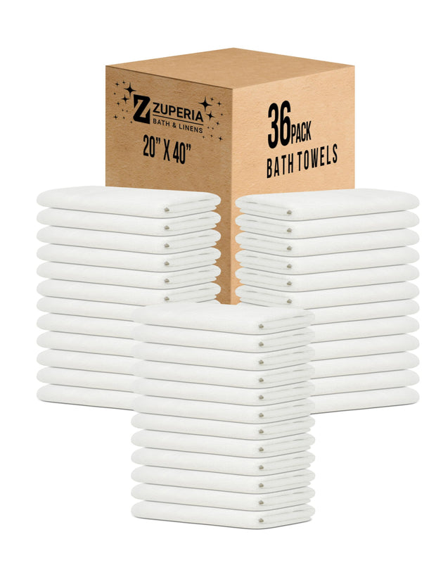 ZUPERIA White Bath Towels Bulk - 20 x 40 Inches, 100% Cotton Economy Light Weight Towels for Commercial Use - Quick Dry, Ultra-Soft, and Absorbent Bulk Towels (12 Pack)