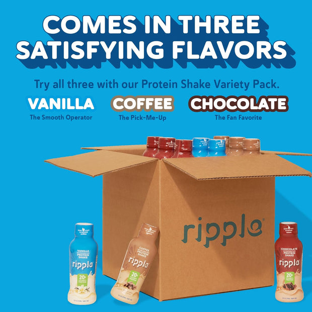 Ripple Plant Based Protein Shake Variety Pack | 20g of Quality Sourced Pea Protein, Calcium Rich | Shelf Stable | Vegan & Non GMO | Dairy, Soy, Nut, & Gluten Free | 12 Fl Oz Bottles (Pack of 12)