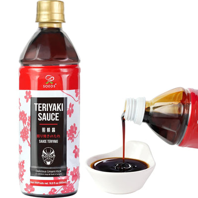 Soeos Teriyaki Marinade and Sauce, 16.9 Fl Oz (500 ml), Sweet and Savory Flavor, Perfect for Stir-Fry, Barbecue, Marinating, Versatile Sauce for Meat, Salmon, Noodle and Vegetable, Easy to Pour Out