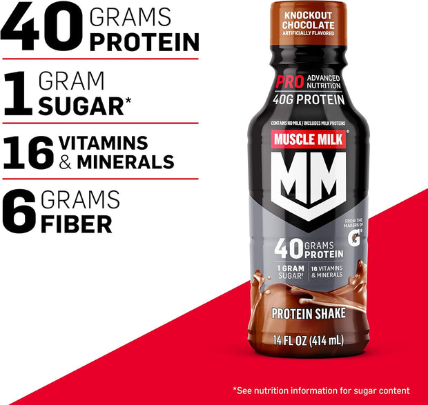 Muscle Milk Pro Advanced Nutrition Protein Shake, Knockout Chocolate, 14 Fl Oz Bottle, 12 Pack, 40g Protein, 1g Sugar, 16 Vitamins & Minerals, 6g Fiber, Workout Recovery, Packaging May Vary