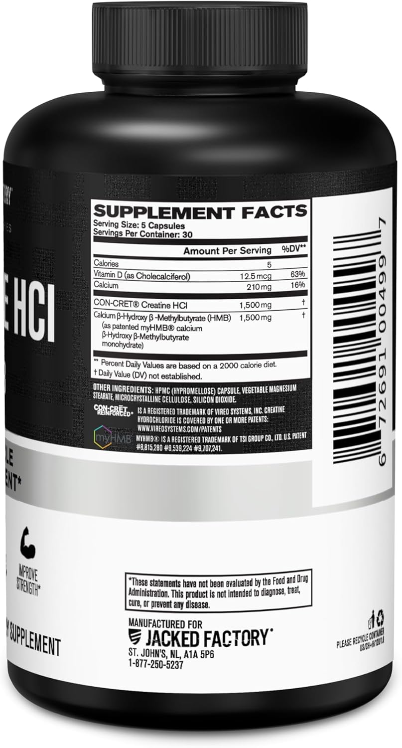 Jacked Factory Creatine HCL + HMB Capsules - Synergistic CON-CRET, myHMB, & Vitamin D Formula for Improved Growth, Strength, & Reduced Muscle Breakdown - 150 Capsules