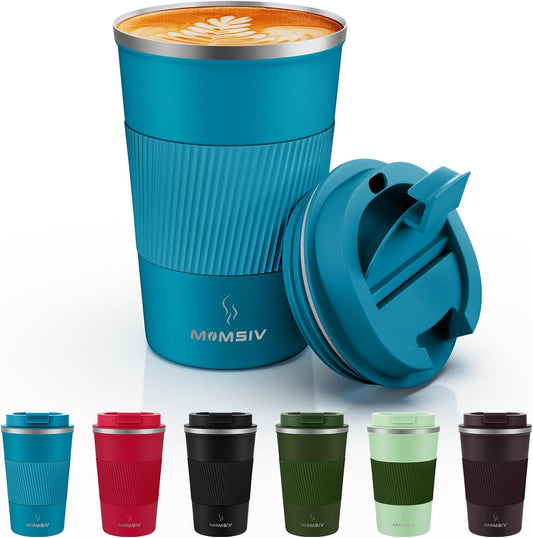 MOMSIV 12oz Travel Mug, Insulated Coffee Cup with Leakproof Lid, Travel Coffee Mug Vacuum Stainless Steel Double Walled Reusable Coffee Cup for Hot and Cold Water Coffee