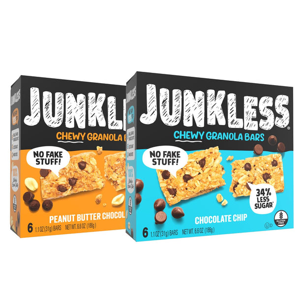 JUNKLESS Chewy Granola Bar 4‑Flavor Variety Pack (24 Bars)–Non‑GMO, Gluten‑Free, Less Sugar Snack Bars— Chocolate Chip, Peanut Butter Chocolate Chip, Cinnamon Roll & Real Strawberry, 4 Boxes