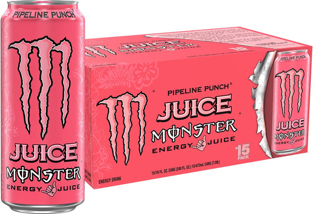 Monster Energy Juice Monster Variety Pack, Pipeline Punch, Mango Loco, Pacific Punch, Energy+Juice, Energy Drink, 16 Ounce (Pack of 15)