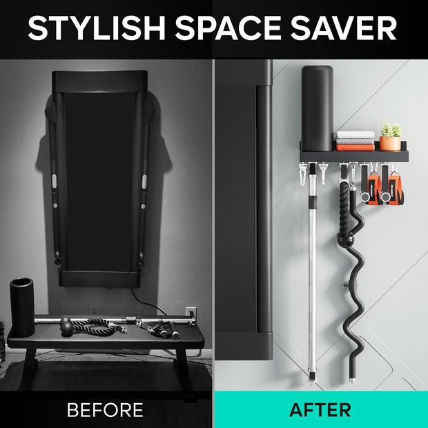 Metal Shelf Compatible with Tonal Accessories, Floating Shelf Organizer for Home Gym Storage, T-Lock Adapters Bracket Hanger, Gym Rack Wall Mounted with Hooks, Black Workout Holder