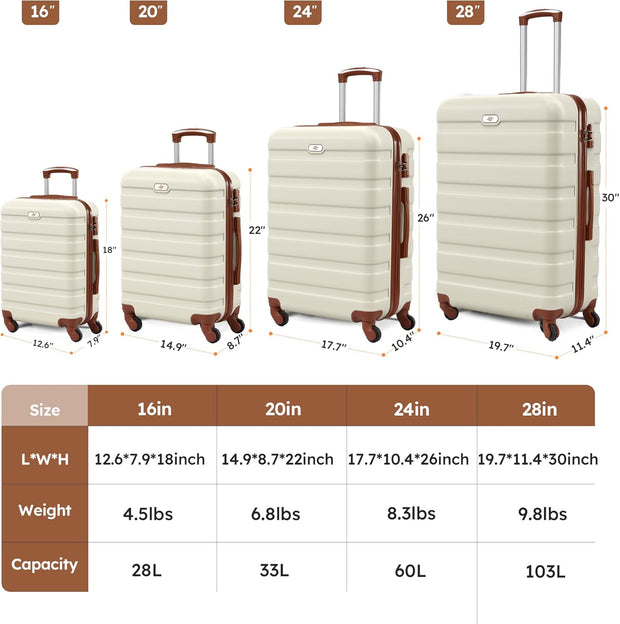 Suitour Luggage 4 Piece Sets,Hardshell Lightweight Suitcase with Spinner Wheels TSA Lock (16"/20"/24"/28")