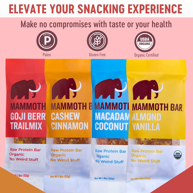 Mammoth Bar Variety Pack – 10 Organic Protein Bars – Prebiotic • Paleo • Gluten Free • Egg Protein • GMO Free • Raw • Premium Nuts