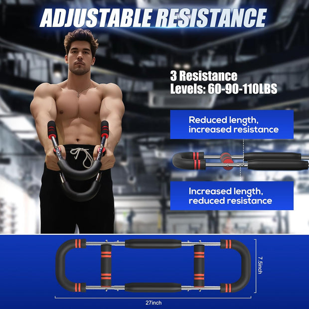 Twister Arm Trainer, 60-110lb Adjustable Resistance Workout Equipment Twister Arm Chest Exerciser Power Twister Bar, Portable Chest Press Machine Detachable Design Fitness for Home & Gym