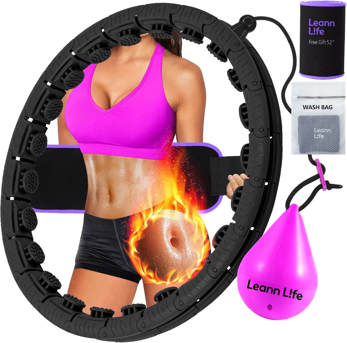 U2 Black-32 Knots 19”- 65”, Detachable & Size Adjustable Weighted Hula Hoop for Kids Adults Weight Loss, Infinity Hoop Plus Size, Abdominal Toner,5 Color Balls, Free Waist Trimmer&Wash Bag
