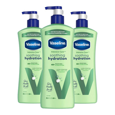 Vaseline Intensive Care Body Lotion for Dry Skin Soothing Hydration Lotion Made with Ultra-Hydrating Lipids + 1% Aloe Vera Extract to Refresh Dehydrated Skin 20.3 oz, Pack of 3 (packaging May Vary)
