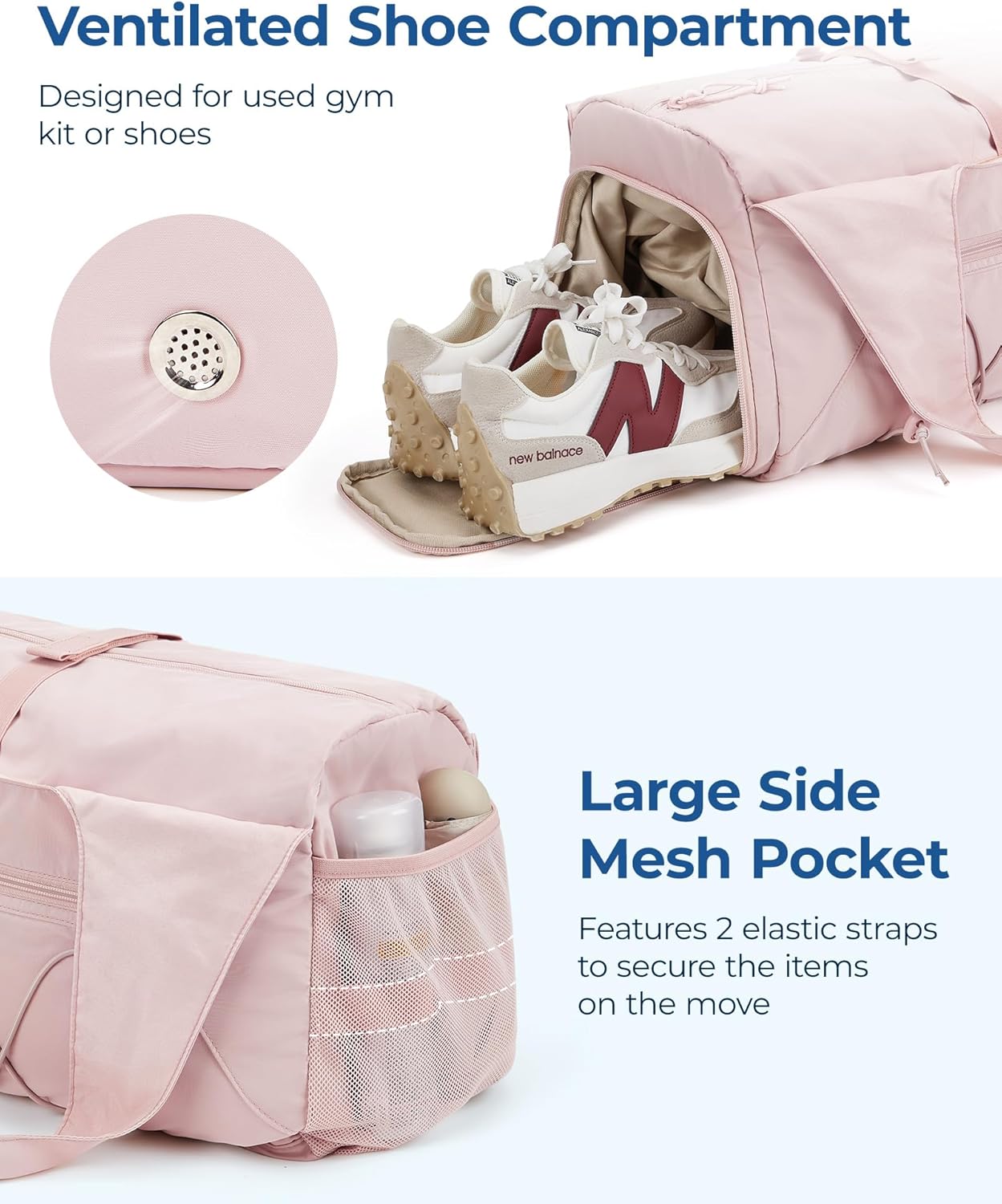 BAGSMART Gym Bag for Women, Lightweight Duffel with Shoe Compartment, Weekender with Wet Pocket, Workout Yoga Tote, Pin