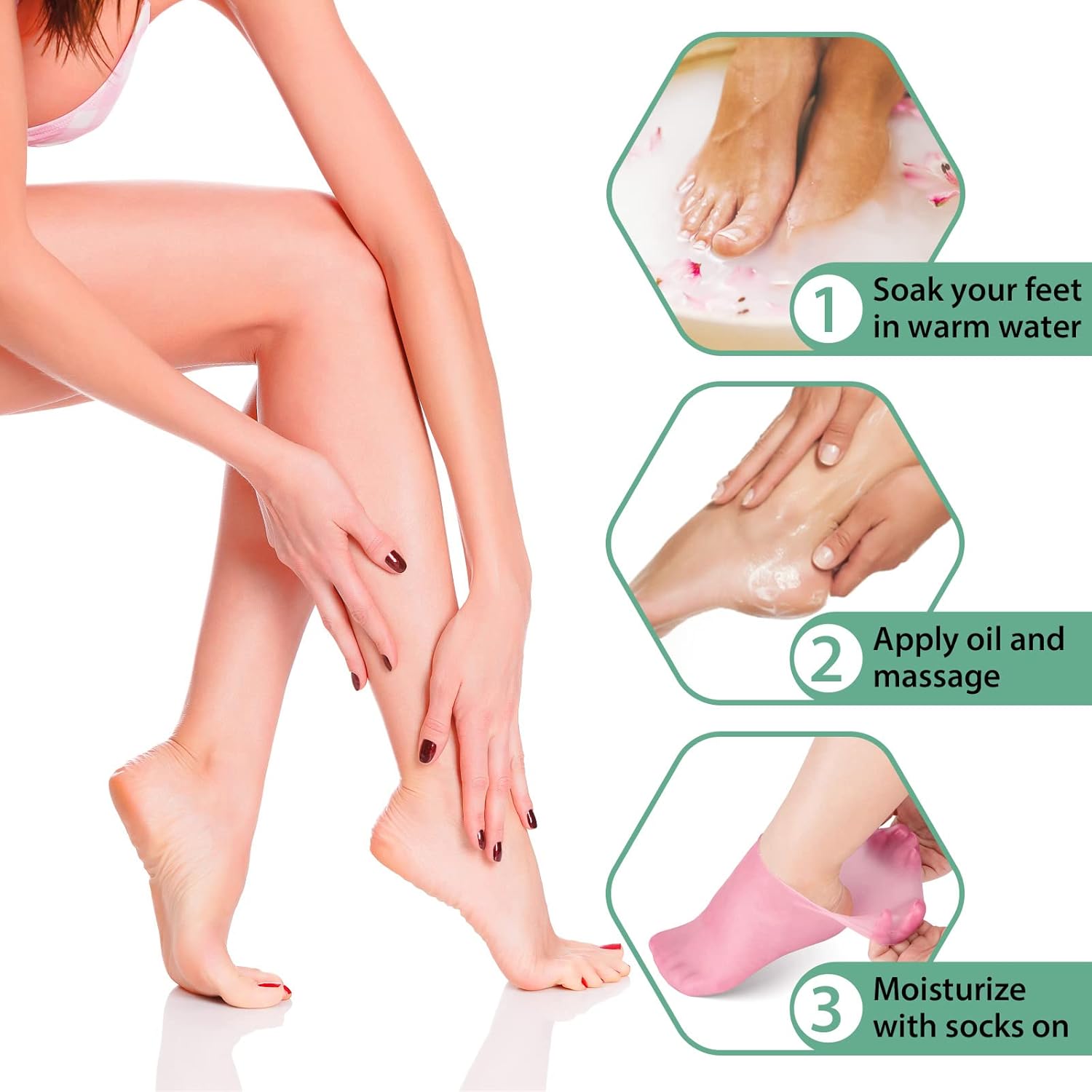Noverlife 2 Pairs Silicone Moisturizing Socks Softening Dry Cracked Feet Rough Skins & Anti Slip Aloe Socks for Dry Cracked Feet Women, Calluses, Spa Gel Socks Foot Care After Pedicure - Pink & White