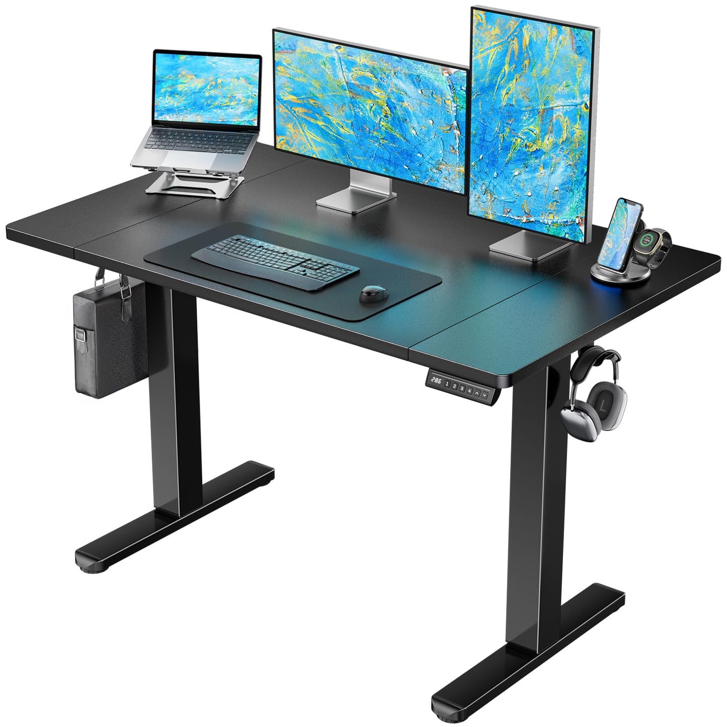 HUANUO 48 x 24 inch Electric Standing Desk, Height Adjustable Table with Headphone Hooks & Cable Manager, Sit to Stand up Desk for Home Office, Vintage Brown