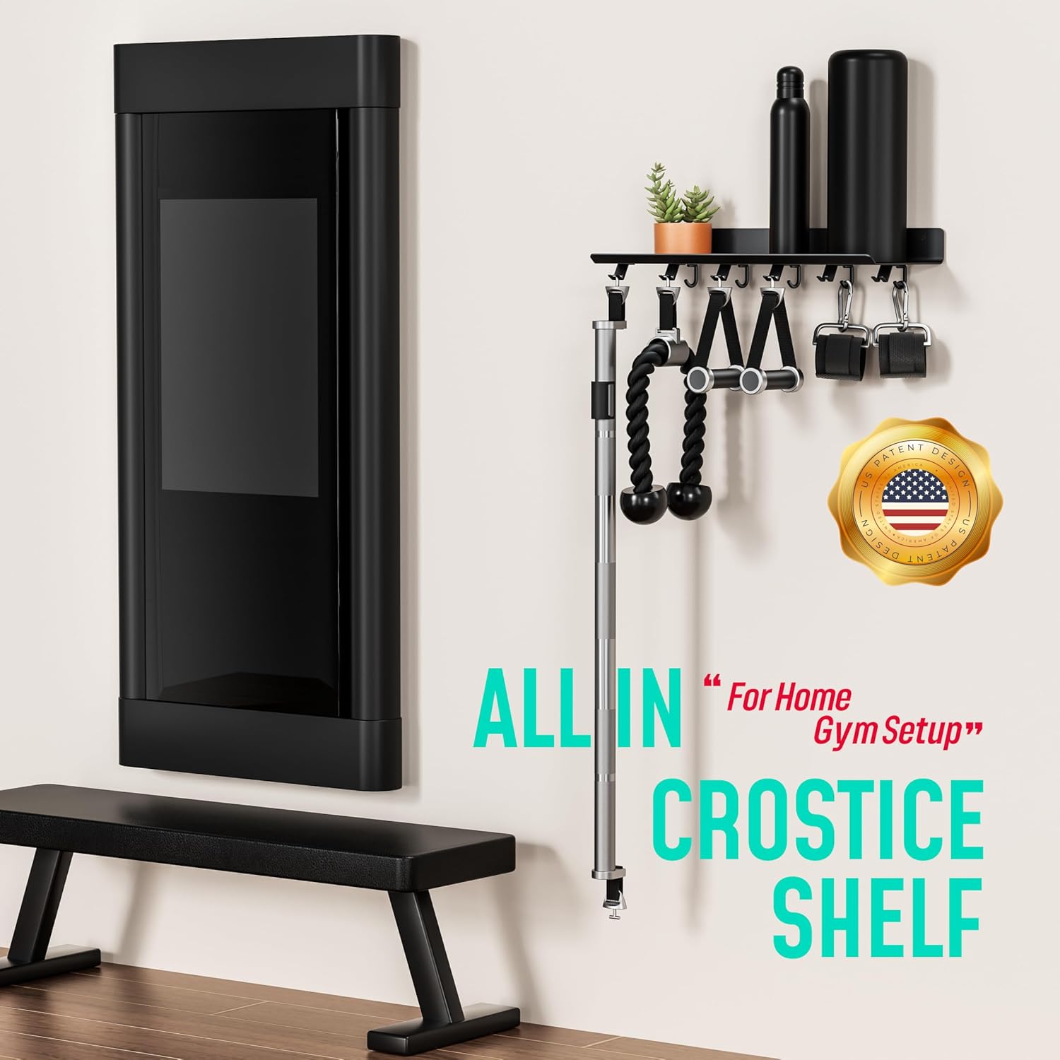 1-Tier Floating Shelf Compatible with Tonal Accessories, Home Gym Storage Shelf, Gym Rack Wall Mount Organizer, Workout Metal Holder, T-Bracket Lock Adapters Hanger, US Patent Holding
