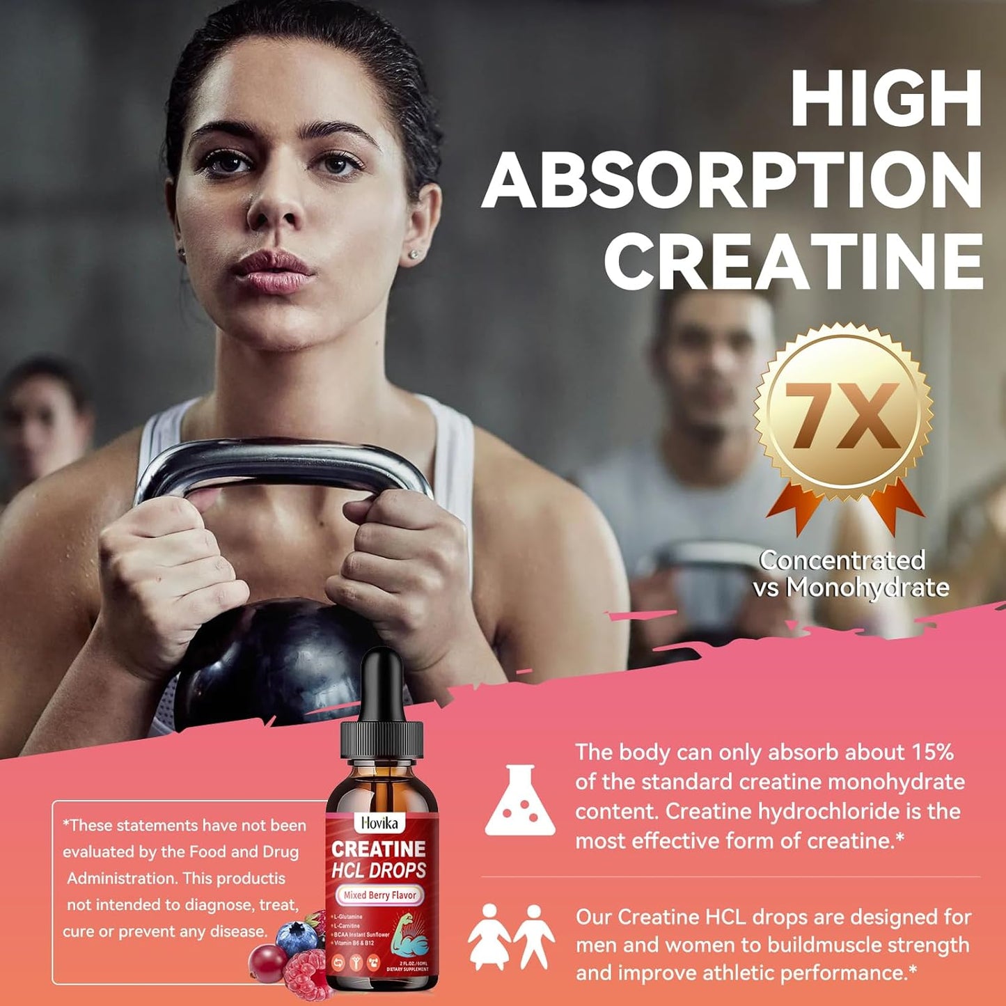 Creatine HCL Liquid Drops for Men & Women, Creatine Hydrochloride with L-Carnitine, L-Glutamine, BCAA, Vitamin B12 & B6 for Muscle Growth & Recovery-Vegan, Mixed Berry Flavor Flavor, 2 Fl Oz