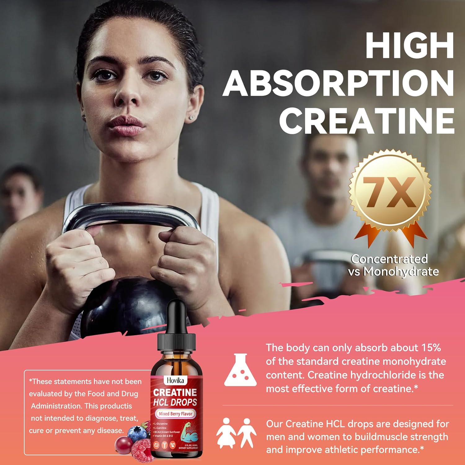 Creatine HCL Liquid Drops for Men & Women, Creatine Hydrochloride with L-Carnitine, L-Glutamine, BCAA, Vitamin B12 & B6 for Muscle Growth & Recovery-Vegan, Mixed Berry Flavor Flavor, 2 Fl Oz