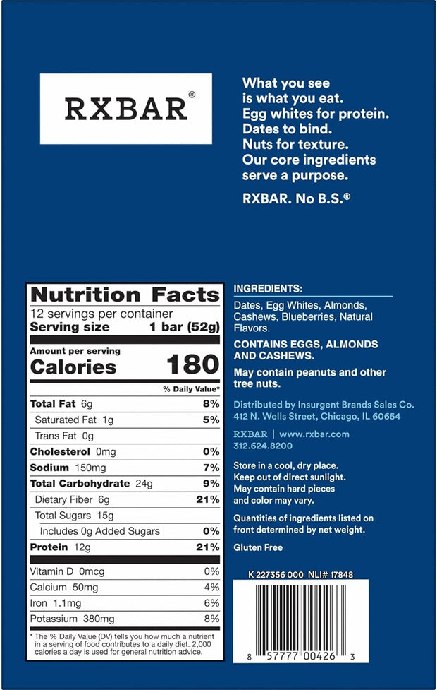 RXBAR Protein Bars, Protein Snack, Snack Bars, Blueberry, 22oz Box (12 Count)