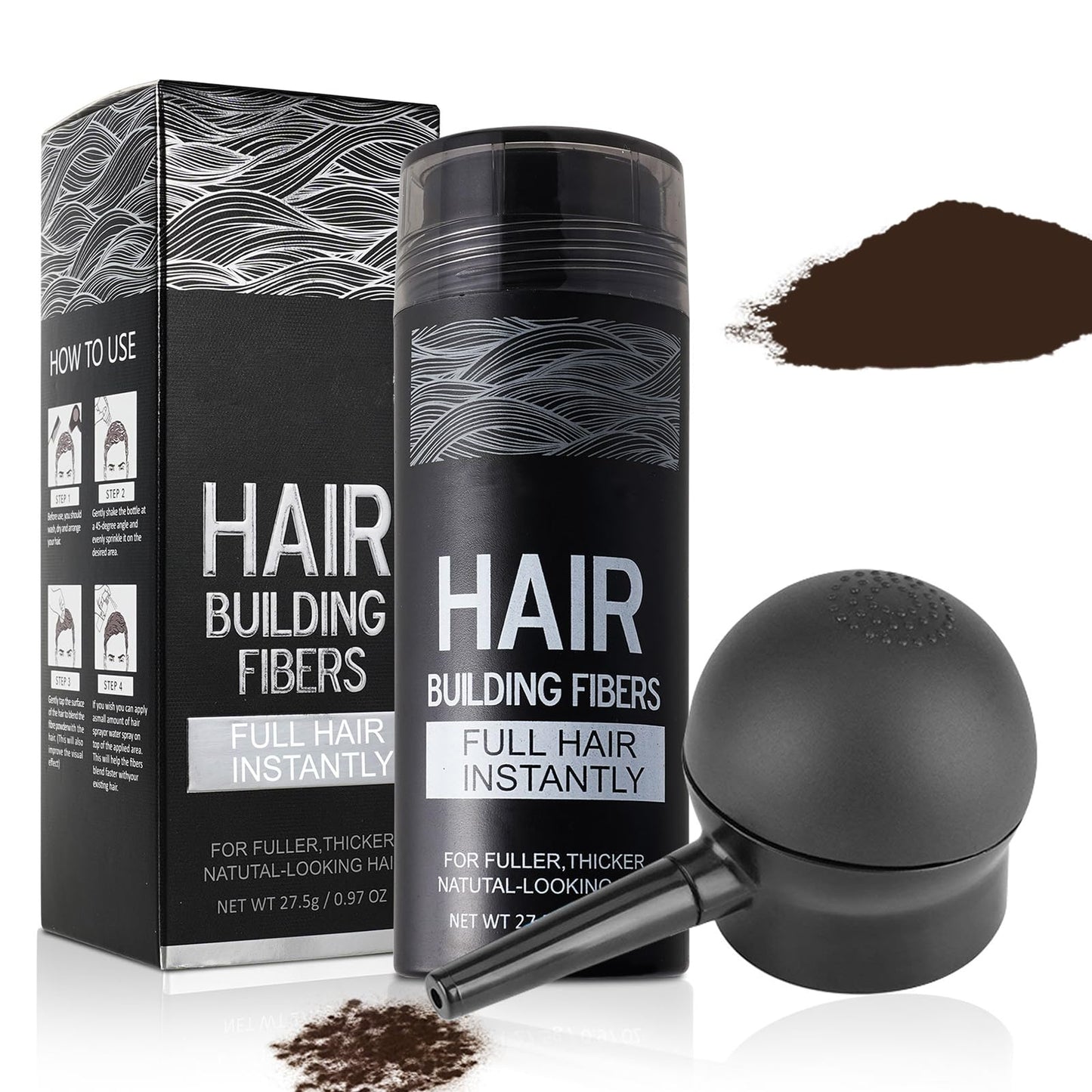 Hair Building Fibers for Thinning Hair with Spray Applicator Pump Nozzle - Natural & Undetectable,Instantly Thicker Fuller Hair Conceals Hair Loss 30 Sec,4 Shades for Men & Women,27.5g (Black)