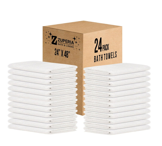 ZUPERIA White Bath Towels Bulk - 20 x 40 Inches, 100% Cotton Economy Light Weight Towels for Commercial Use - Quick Dry, Ultra-Soft, and Absorbent Bulk Towels (12 Pack)
