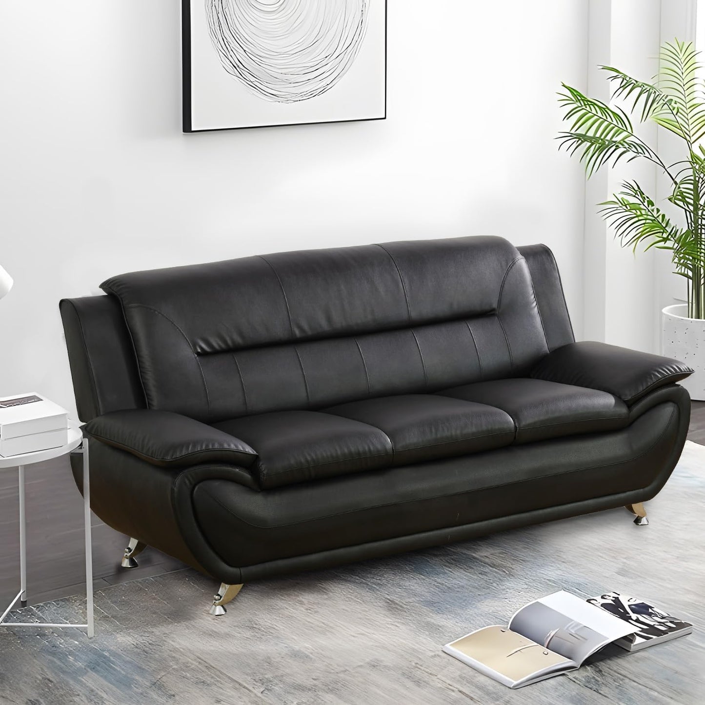 3 Piece Living Room Furniture Set, Leather Sofa Set for Living Room, Modern Couch Set with 3-Seater Sofa, Loveseat and Armchair (Black 2)