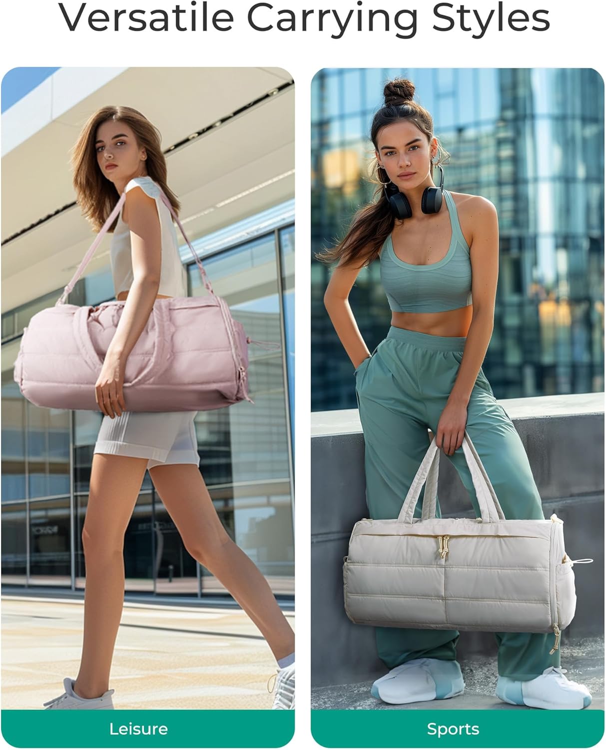BAGSMART Puffer Gym Bag for Women, Lightweight Duffel Bag with Shoe Compartment, Weekender Bags with Wet Pocket, Workout Overnight Carry on Bag for Travel, Light Tan