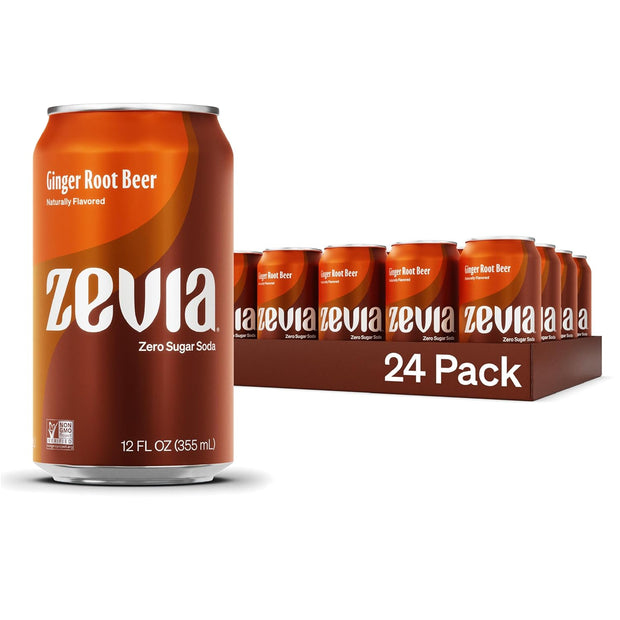 Zevia Zero Sugar Soda, Ginger Root Beer, 12 oz Cans (24-Pack) – Naturally Sweetened, Zero Calorie Sugar Free Soda - Non-GMO Project Verified, Gluten-Free, Vegan