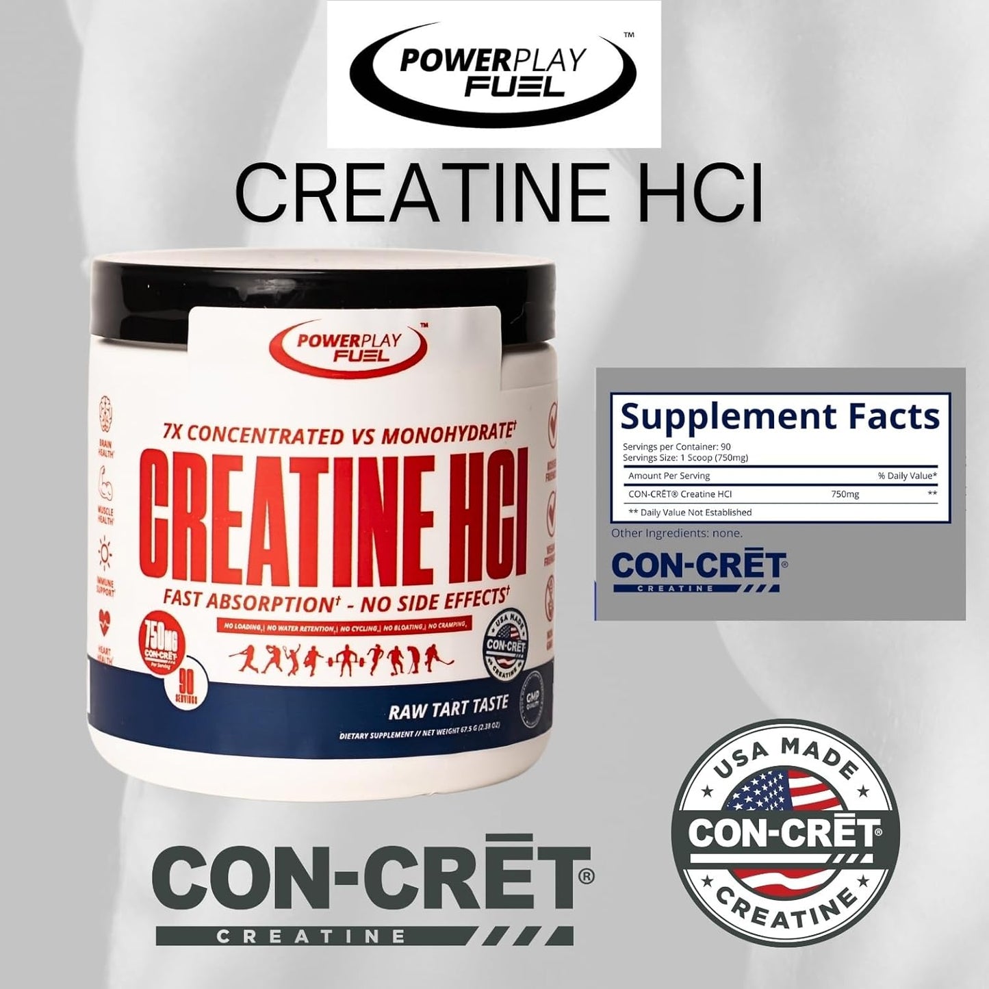 CREATINE HCl Powder for Men and Women, Muscle Strength, Brain Performance, Heart Health & Immune Support - Raw Tart Taste, 90 Servings