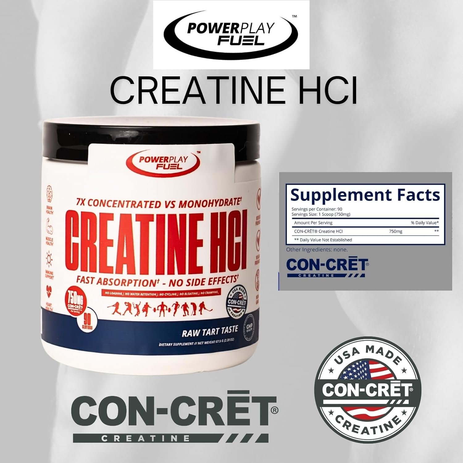 CREATINE HCl Powder for Men and Women, Muscle Strength, Brain Performance, Heart Health & Immune Support - Raw Tart Taste, 90 Servings