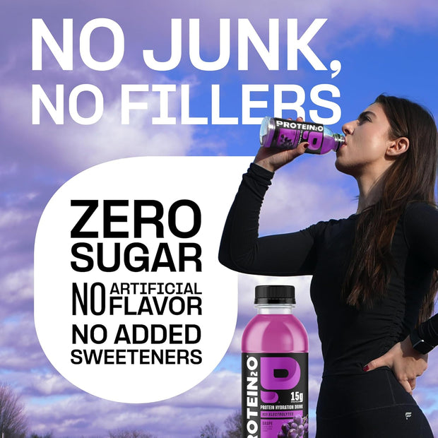 Protein2o Hydration Drink - 2-in-1 Liquid Clear Whey Protein Isolate and Electrolyte Drink - 15g Protein, Vitamins B5, B6 - Post-Workout Recovery - 16.9 Fl Oz - 12 Count Grape
