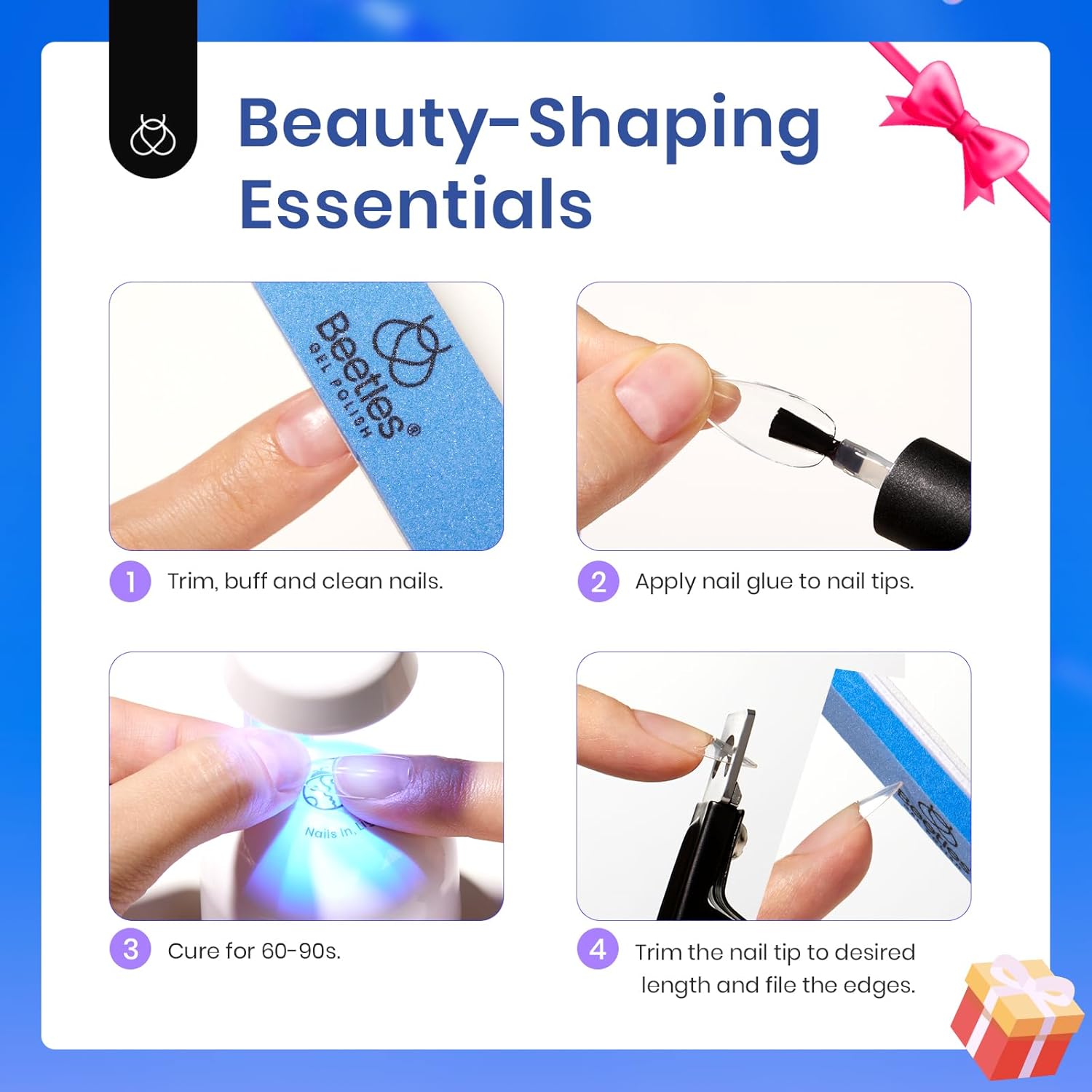 Beetles Gel Nail Kit Short Almond, 240Pcs Easy Nail Extension Set Shaped Clear Tips with 5 in 1 Nail Glue Base & Top Coat and Mini UV Lamp, Nail Tips Art Acrylic Nail Kit Gifts for Women