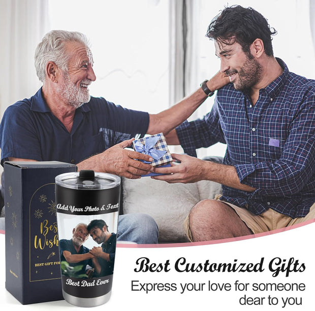 Personalized Coffee Tumbler with Picture & Text - Personalized Travel Coffee Mug - Custom 20oz Stainless Steel Tumbler Cup with Lid - Custom Cup Gift for Dad, Mom, Friends