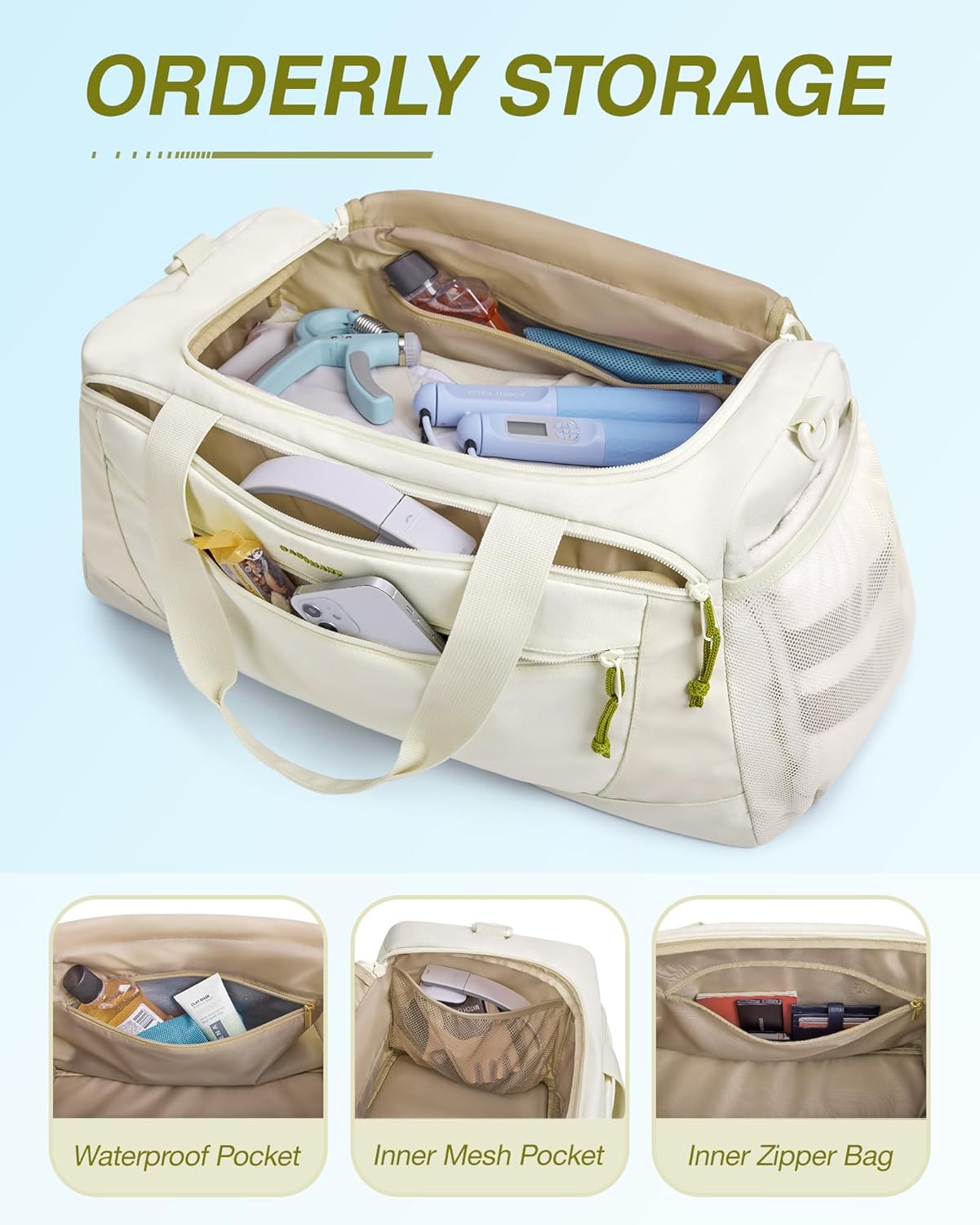 BAGSMART Gym Bag, 31L Sports Travel Duffle Bag With Shoe Compartment, Waterproof Travel Gym Duffel Bag for Men & Women, Carry On Weekender Workout Bag With Strap, Beige