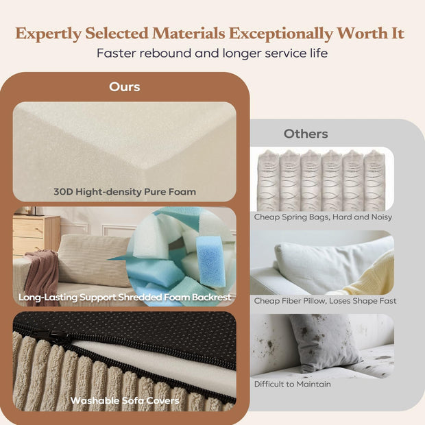 106" Cloud Sectional Couch, Left/Right Facing Convertible Sofa with Deep Seat, L-Shape Modular Upholstered Foam Couch for Living Room Bedroom, No Assembly Required (Corduroy Fabric, Beige)