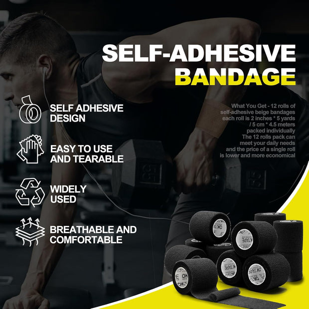 OK TAPE 12 Rolls Self Adhesive Bandage Wrap, Elastic Athletic Tape, Self Stick Bandage Tape, Vet Wrap, Medical Wrap for Wrist, Feet, 2" x 5 Yards - Black