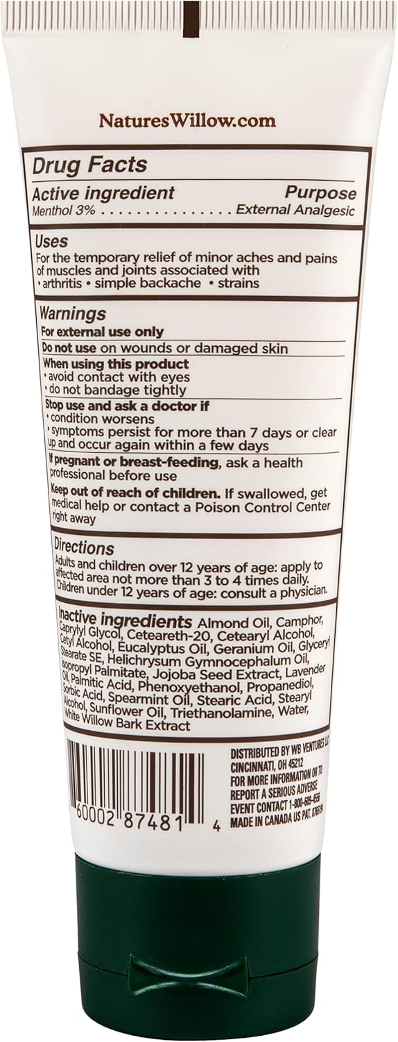 Nature's Willow Willow Balm Natural Pain Relief Cream for Muscles & Joints | Fast-Acting with Willow Bark & Menthol | Free from Artificial Fragrances & Dyes | 1-Pack | 3.5 fl oz