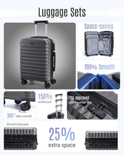 LIGHT FLIGHT Luggage Sets, 3 Piece Durable Suitcase Set with Spinner Wheels, 3 Pcs Hardside Lightweight luggage with TSA Lock, Large Checked Travel Suitcases, 20/24/28 Inch, Gray