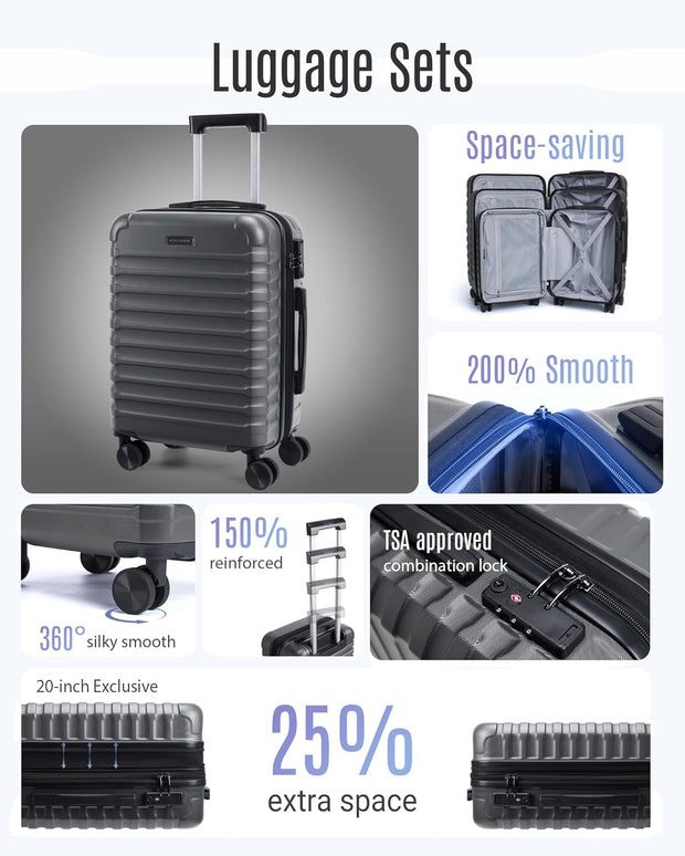 LIGHT FLIGHT Luggage Sets, 3 Piece Durable Suitcase Set with Spinner Wheels, 3 Pcs Hardside Lightweight luggage with TSA Lock, Large Checked Travel Suitcases, 20/24/28 Inch, Gray