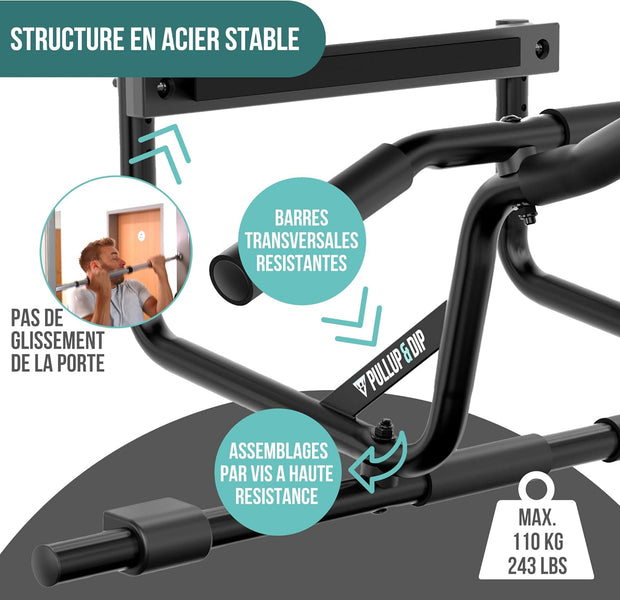 PULLUP & DIP Pull-up bar for door frames for hanging without screws and no slipping, professional door bar, pull-up bar with padded handles