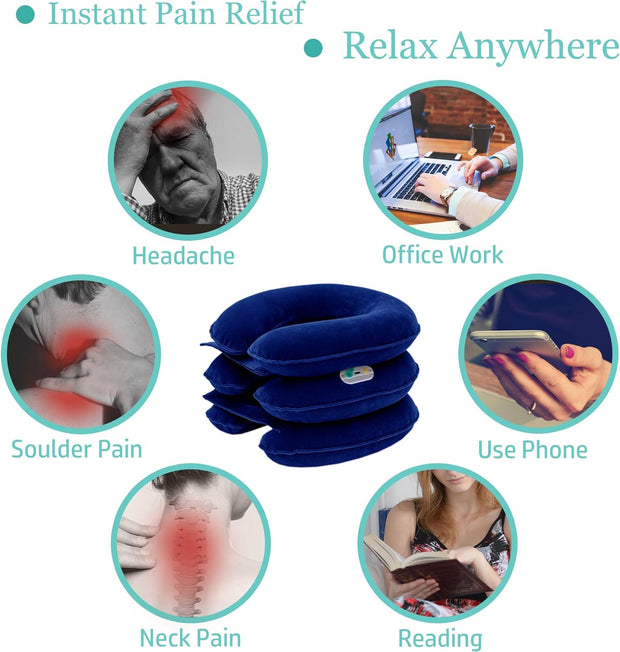 S Cervical Neck Traction Device for Neck Pain Relief - Inflatable Neck Stretcher Collar for Decompression - Best Home Use Neck Brace Pump (Black Plush)