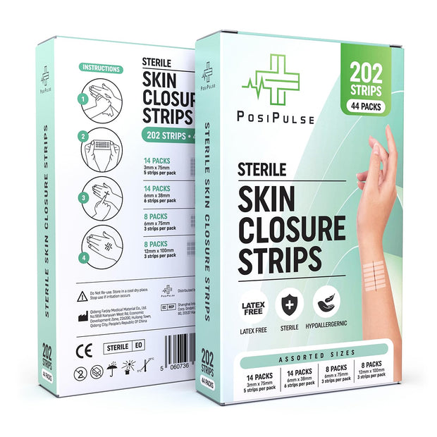 Sterile Skin Wound Closure Strips 202ct in 44pks - Improved Healing, Reinforced Design, Latex Free, Adhesive Backed, Optimal for Lacerations, Incisions, Sutures, 3x75,6x38,6x75,12x100mm
