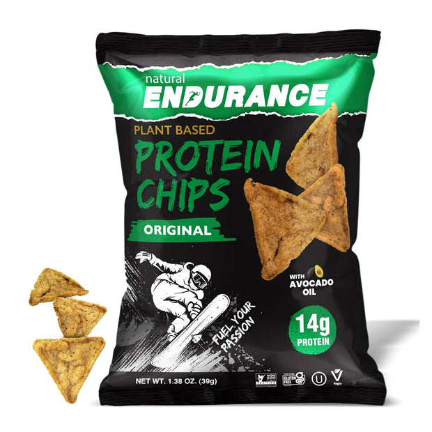 Natural Endurance Protein Chips - Low Carb Chips, High Protein Snack, Vegan Protein with Avocado Oil, 14g Protein Per Bag, Gluten Free, Nacho, BBQ, Chili, Birthday Cake, Original - Variety Pack, 1.38 oz Bags (Pack of 12)